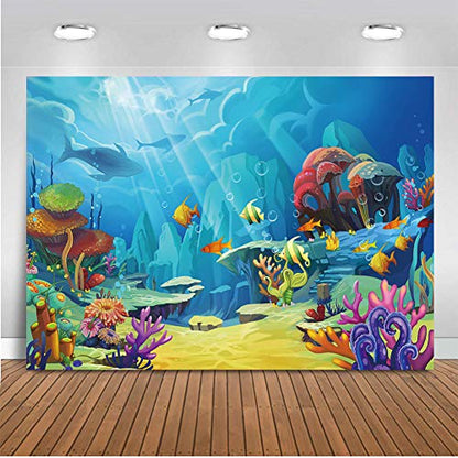 CHAIYA Under The Sea Backdrop Ocean Little Mermaid Backdrop Background for Under The Sea Theme Baby Shower Photo Booth Banner Party Cake Table Decoration 8x6ft - size: 8′x6′