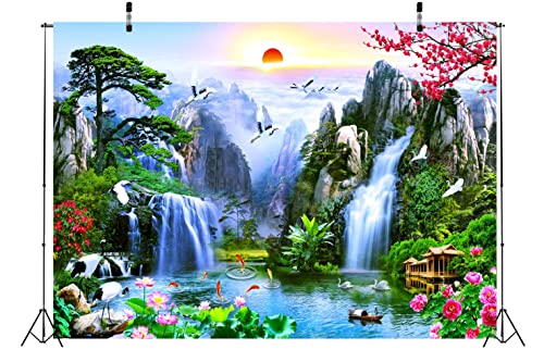 BELECO 10x6.5ft Fabric Fairyland Mountain Lake Photography Backdrop Waterfalls Swans Fish Flowers Dreamy Natural Landscape Painting Background Wall Murals Home Decor Kids Adults Portrait Photoshoot - size: 10x6.5FT
