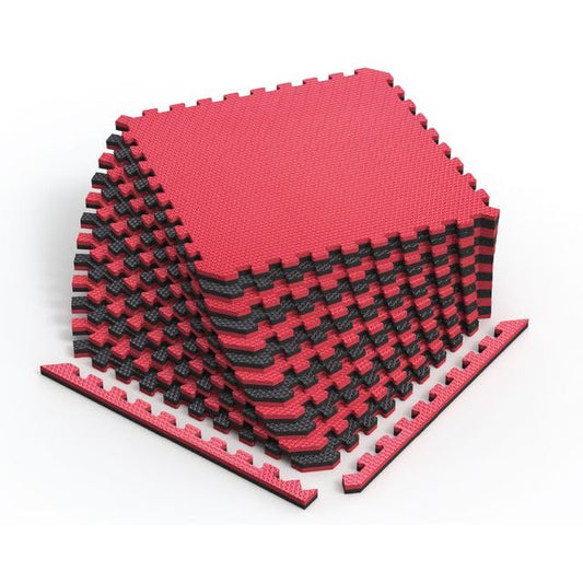 Reversible 3/4" EVA Foam Gym Floor Tiles, Red/Black, 24-Pack | 24" x 24" interlocking tiles include 48 trim pieces and cover 96 sq. ft. for home gym flooring - color: Red / Black, size: 24 Tiles - 96 Sq. Ft.