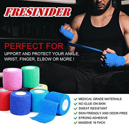 FRESINIDER 16 Rolls Self Adhesive Wrap Athletic Tape Gauze,Medical Bandage,Breathable Elastic Cohesive Bandage for Sports Injury & Pet (Rainbow) - color: Rainbow