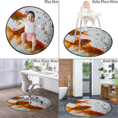Aquarium Round Area Chair Mat for Hardwood Floors, Golden Carp Swivel Chair Protector, Protect The Floor from Scratches, Orange Gold White Diameter 59 in