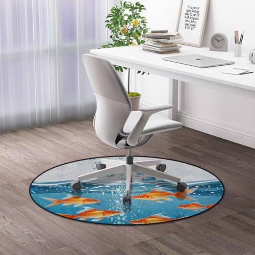 Aquarium Round Office & Gaming Chair Mat for Hardwood Floors, GoldenFish WaterScene Non-Slip Protector for Rolling Chairs,Protect The Floor from Scratches, Orange Gold Blue Diameter 55 in