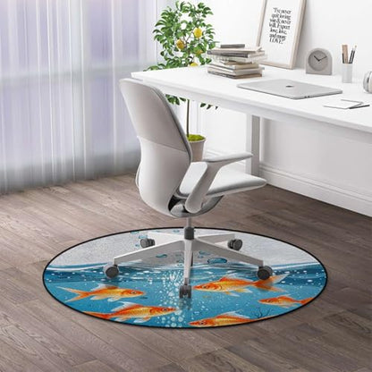 Aquarium Round Office & Gaming Chair Mat for Hardwood Floors, GoldenFish WaterScene Non-Slip Protector for Rolling Chairs,Protect The Floor from Scratches, Orange Gold Blue Diameter 55 in