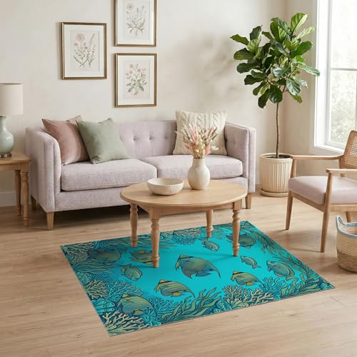 4'x6' Washable Modern Fish Area Rug, Turquoise Flatwoven Floor Mat Non-Slip Chair-Friendly Carpet for Home Office, Gaming Room, Under Desk | Ref:1909343