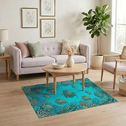 4'x6' Washable Modern Fish Area Rug, Turquoise Flatwoven Floor Mat Non-Slip Chair-Friendly Carpet for Home Office, Gaming Room, Under Desk | Ref:1909343