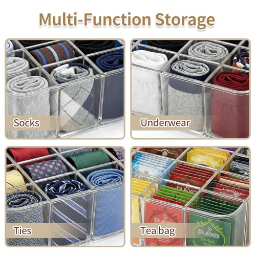 Socks Underwear Drawer Organizer, 16 Compartment Clear Plastic Storage Box with Lid & Adjustable Dividers, Tie Box, Tea Bag Organizer, Acrylic Organizer Box (12x10x3.9 Inch)