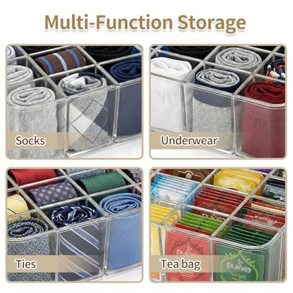 Socks Underwear Drawer Organizer, 16 Compartment Clear Plastic Storage Box with Lid & Adjustable Dividers, Tie Box, Tea Bag Organizer, Acrylic Organizer Box (12x10x3.9 Inch)