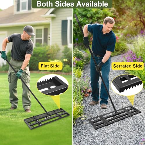 Lawn Leveling Rake-32''x10 Heavy Duty Leveler Reinforced Landscape Tool, Steel Lawn Rake with Serrated Edge & Smooth Plate for Level Soil Compost Sand Grass Dirt Yard Garden 6.5FT Adjustable Handle