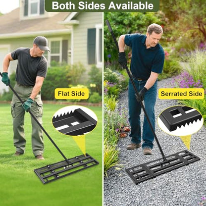 Lawn Leveling Rake-32''x10 Heavy Duty Leveler Reinforced Landscape Tool, Steel Lawn Rake with Serrated Edge & Smooth Plate for Level Soil Compost Sand Grass Dirt Yard Garden 6.5FT Adjustable Handle