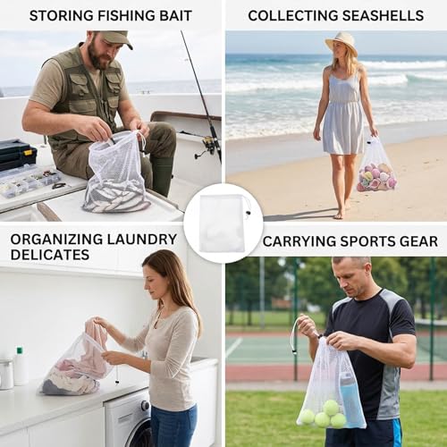 8 Chum Bags and Chum Buckets, Bait Bags for Fishing and Saltwater Fishing, White 30x40 Mesh with Drawstrings, Fishing Gear Accessories