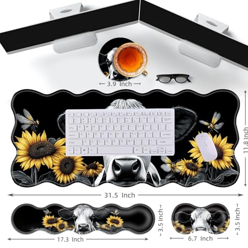 Large Gaming Mouse Pad, Keyboard Wrist Rest Pad & Wrist Support Mousepad Set, Stitched Edge, Extended, Non-Slip Base, Memory Foam Desk Mat for Office, Home,Cute Sunflower Cow - color: Cute Sunflower Cow