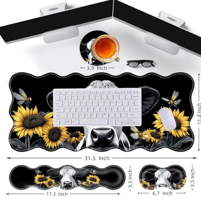Large Gaming Mouse Pad, Keyboard Wrist Rest Pad & Wrist Support Mousepad Set, Stitched Edge, Extended, Non-Slip Base, Memory Foam Desk Mat for Office, Home,Cute Sunflower Cow - color: Cute Sunflower Cow
