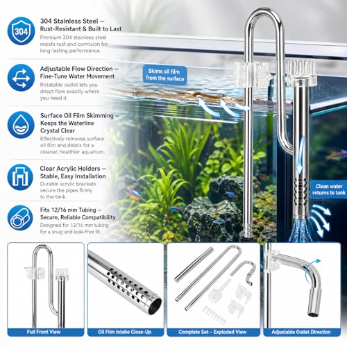 Stainless Steel Lily Pipe Set with Outflow and Inflow, Aquarium Skimmer Filter System including 2 Acrylic Holders Efficient for Removing Scum (New 12MM oil film)