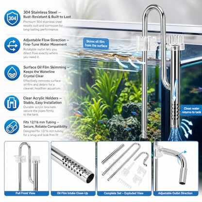 Stainless Steel Lily Pipe Set with Outflow and Inflow, Aquarium Skimmer Filter System including 2 Acrylic Holders Efficient for Removing Scum (New 12MM oil film)