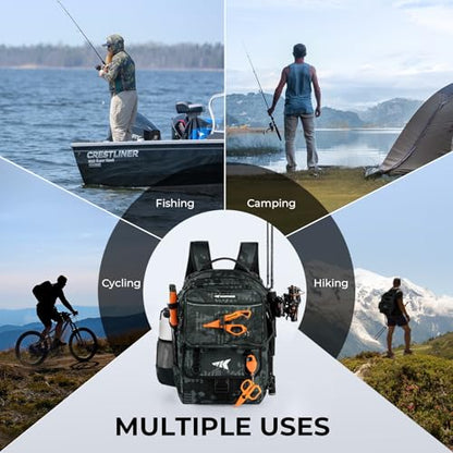 KastKing BaitSpace Fishing Tackle Backpack with Removable Bait Binder,2 Rod Holders Storage Fishing Gear and Equipment - color: B: Black Camo (With (4) 3600 Tackle Boxes)