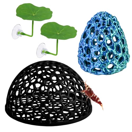 4-Piece Breeding Sanctuary Set with Egg-Shaped and Half-Round Caves, Shrimp Hides for Aquarium,Plastic Aquarium Decorations for Betta Fish and Nano Tanks, Safe Molting Shelters with Leaf Accents
