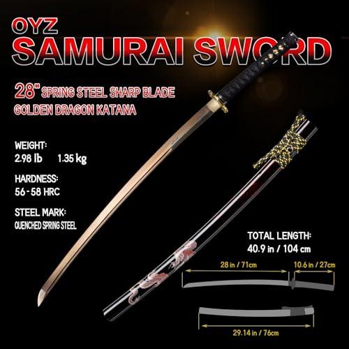 OYZ Real Katana Japanese Samurai Sword, Unique Gift for Men Full Tang Clay Tempered t10 Steel Blade, Spring Steel Memorable for Martial Arts Enthusiasts or Collectors. - style: Golden Dragon themes