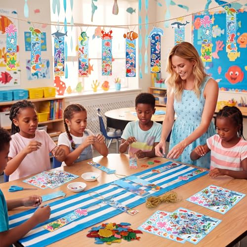 Frienda 48 Sets Summer Ocean Bookmarks Craft Kits DIY Under The Sea Stickers Shark Make Your Own Bookmarks Paper Craft Summer Party Games for Ocean Animals Classroom Activity Supplies - style: Sea Animals