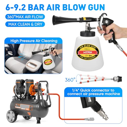 MYPIN Car Cleaning Gun Kit, 6-9.2Bar, High Pressure Air Blow Gun with 2 Set Nozzle, Interior Car Cleaning for Vehicle Upholstery Carpet Seat - color: Black, with Bottle