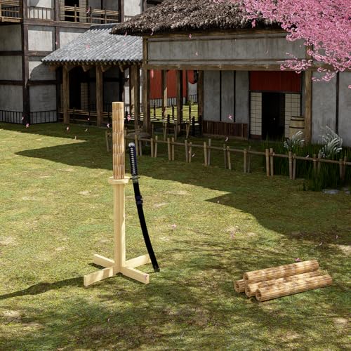 MR Wooden Kendo Tameshigiri Practice Cutting Stand, Heavy Duty Tameshigiri Sword Practicing Stand, 43” Nature Rubberwood Kendo Stick Katana Sword Test Cutting Wooden Dummy Holder, Matt NOT INCLUDED