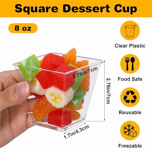 100 Pack 8 Oz Square Clear Plastic Dessert Cups & Charcuterie Cups - Disposable Mini Tasting Cup for Appetizers, Puddings, Mousse, Ice Cream, Party, Wedding Catering Supplies