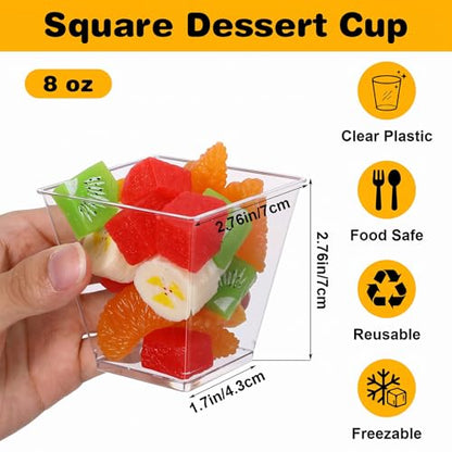 100 Pack 8 Oz Square Clear Plastic Dessert Cups & Charcuterie Cups - Disposable Mini Tasting Cup for Appetizers, Puddings, Mousse, Ice Cream, Party, Wedding Catering Supplies