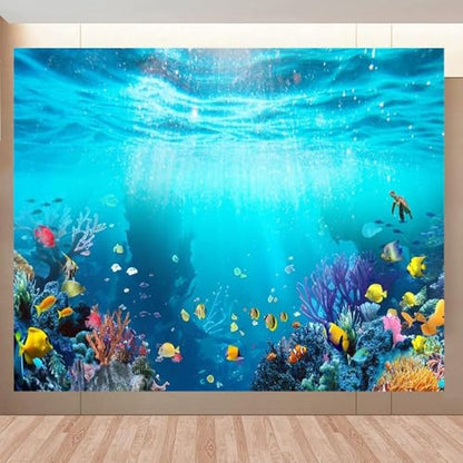 Under The Sea Backdrop 10x8ft Seabed Underwater World Ocean Mermaid Birthday Party Banner Decorations Turtles Fish Coral Photography Background Aquarium Backdrops