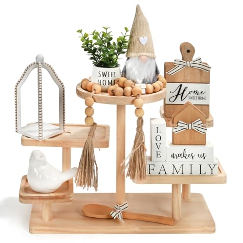 Farmhouse Tiered Tray Decor Set, 8 PCS Rustic Sweet Home Tabletop Decorations with Wooden Signs Lantern Plant Gnome Bead Garland & Bird Accent, Cozy Country Decorations for Home Table Kitchen Island - color: Home