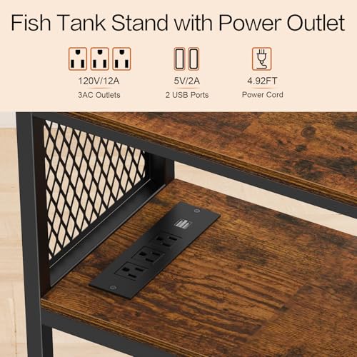 Snughome 10 Gallon Fish Tank Stand with Power Outlets, Aquarium Stand with Storage, 3 Tier Heavy Metal Reptile Tank Stand Fish Tank Shelf 20.47" x 11.42" x 30.91", Rustic Brown - color: Brown With Outlet, size: 10 Gallon