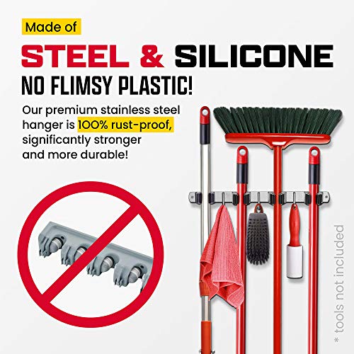 Wall Mount Hanger for Brooms & Mops - Adhesive Stainless Steel Mops & Broom Holder, 4 Clamps, 3 Hooks, & 5 Towel Hanger Clips Including Mounting Hardware for Utility Room Organization - style: 1-Pack