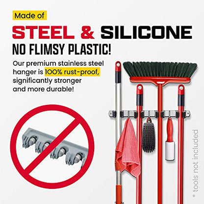 Wall Mount Hanger for Brooms & Mops - Adhesive Stainless Steel Mops & Broom Holder, 4 Clamps, 3 Hooks, & 5 Towel Hanger Clips Including Mounting Hardware for Utility Room Organization - style: 1-Pack