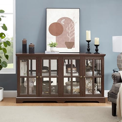 Cherry Finish Antique Display Cabinet with LED Lights, 4 Glass Doors & Adjustable Shelves for Collectibles, Home or Office Showcase