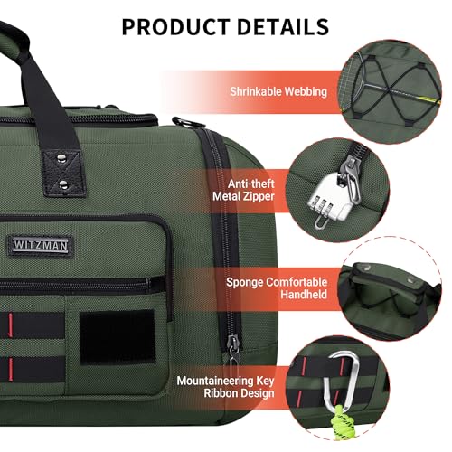 WITZMAN Duffle Bag for Men 3 in 1 Convertible 40L Nylon Gym Travel Backpack | Multi-pockets with Shoe Compartment and Dry-wet Pocket, One Duffel Bag for Sports, Weekender, Overnight, B693 Army Green - color: Army Green