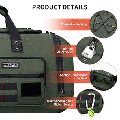 WITZMAN Duffle Bag for Men 3 in 1 Convertible 40L Nylon Gym Travel Backpack | Multi-pockets with Shoe Compartment and Dry-wet Pocket, One Duffel Bag for Sports, Weekender, Overnight, B693 Army Green - color: Army Green