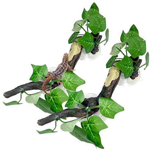 Fhiny 2 PCS Reptile Corner Branch, Resin Climb Tree Branch Decor with Leaves Tank Accessories Terrarium Plant Ornament with Suction Cup for Snake Lizard Bearded Dragons Gecko Climbing - color: Green, 2 Pcs