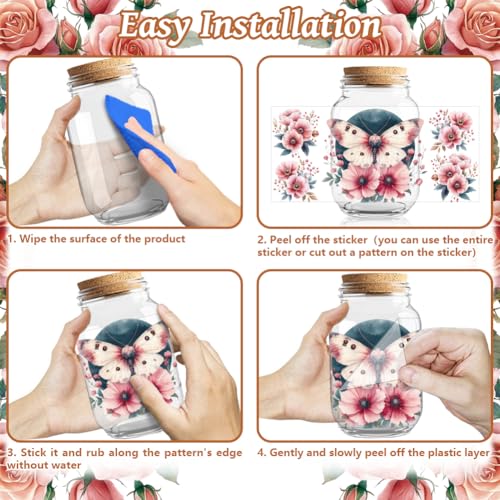 UV DTF Cup Wraps Transfer Stickers Flower Moth Pattern, 10 Sheets Waterproof Custom Vinyl Transfer Sticker 16oz Coffee Glass Cup Tumbler Bottle Mug Decals for Men Women - style: Flower Moth