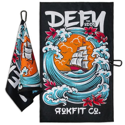 RokFit Gym & Golf Towel – Multi-Use, Quick-Dry, Durable Utility Towel with Bold Graphic and Carabiner Clip (Defy The Odds) - color: Defy the Odds