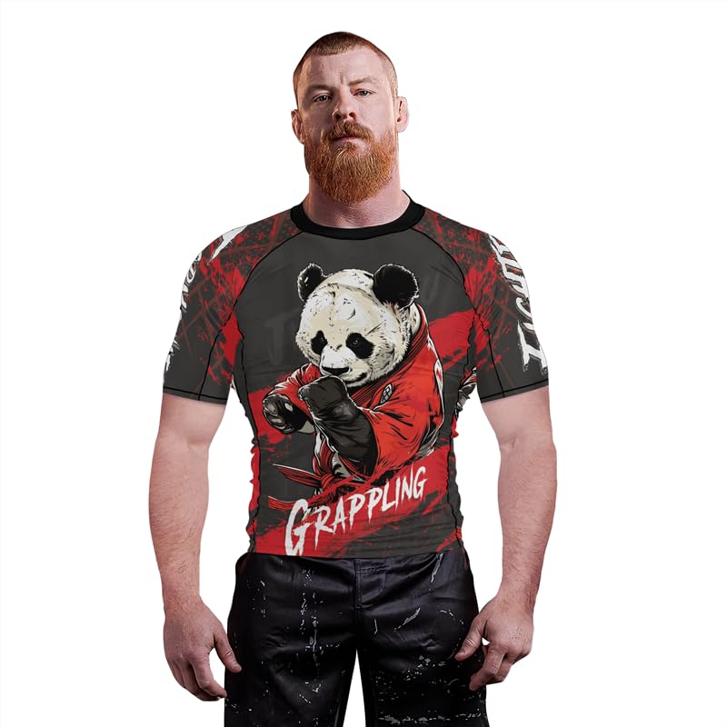 Panda Fighter Men's Short Sleeve Compression Rash Guard MMA Jiu Jitsu BJJ Grappling Base Layer Combat Shirt - color: V2, size: Small
