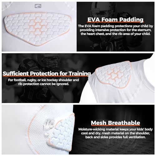 COOLOMG Youth Football Padded Shirt Chest Rib Protector - color: White, size: X-Large
