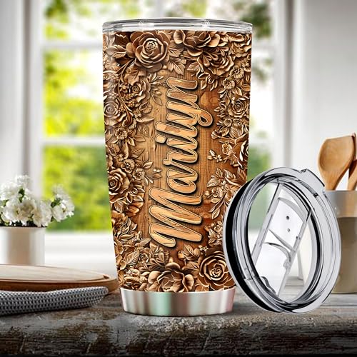 Personalized Octopus Gifts for Women Men Wood Drawing Custom Name 20oz Insulated Stainless Steel Tumbler with Lid Travel Cup Coffee Mug Gift for Daughter Son