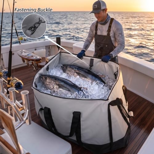 Insulated Fish Cooler Kill Bag with Flat Bottom-26x18 31x14 40x16 50x18 60x20 70x25 Inches Waterproof Fishing tackle Kill Cooler Bag - color: Light Grey-70x25x12