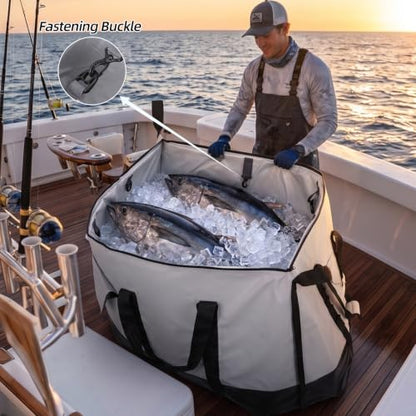 Insulated Fish Cooler Kill Bag with Flat Bottom-26x18 31x14 40x16 50x18 60x20 70x25 Inches Waterproof Fishing tackle Kill Cooler Bag - color: Light Grey-70x25x12