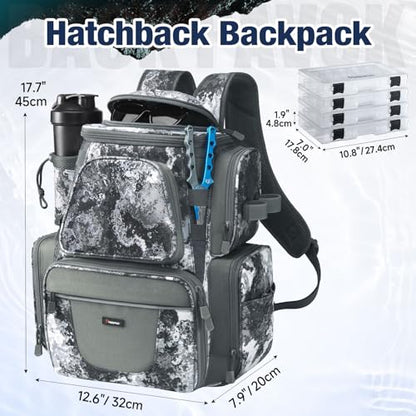 Piscifun Fishing Backpack with 2 Rod Holders & 4 Tackle Boxes, Large Tackle Storage Bag With Rain Cover for Fishing Gear - color: VEIL Camouflage