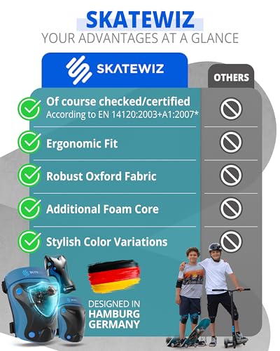 SKATEWIZ Kids and Adult Knee Pads and Elbow Pads Set 6pcs - incl. Carry Bag - color: Blue, size: M - Teenager Slim