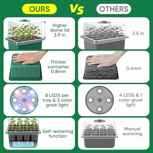 Self-Watering Seed Starter Tray Kit with Grow Light and Humidity Dome,3 Color Growing Light,5-Pack 60-Cell Plant Seedling Tray,Reusable Plastic Germination Trays,Timed Light Plant Starter Set