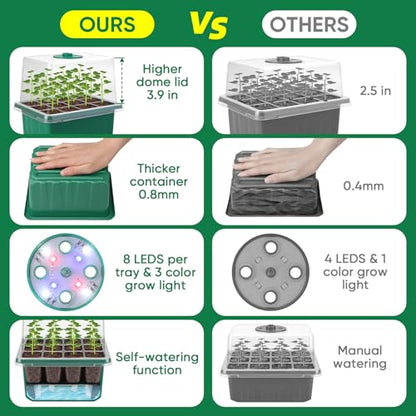 Self-Watering Seed Starter Tray Kit with Grow Light and Humidity Dome,3 Color Growing Light,5-Pack 60-Cell Plant Seedling Tray,Reusable Plastic Germination Trays,Timed Light Plant Starter Set