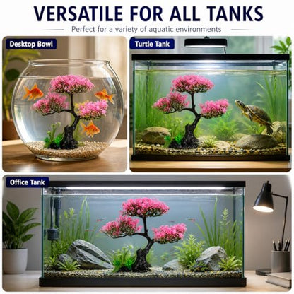 Cabilock Pink Cherry Blossom Aquarium Decor, 12.2 Inch Artificial Sakura Tree Fish Tank Plant with Stable Base, Realistic Plastic Aquarium Ornament for Betta, Goldfish, Turtle Tank Accessories, 4PCS