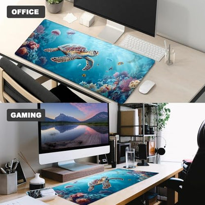 Sea Turtle Gaming Mouse Pad – 12x31.5in Large Extended Desk Mat with Underwater Marine Life Design – Non-Slip Rubber Mousepad for Office Home – Deskmat Gifts for Ocean Lovers Decor