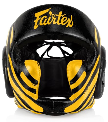 Fairtex Full Head Guard, Muay Thai MMA Sparring Helmet Protective Headgear | Handcrafted 3-layer padding shell. Lightweight sleek construction shields against elbows during high-intensity ring session - color: HG16M2 - Black/Gold Screen, size: Medium