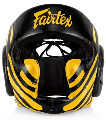 Fairtex Full Head Guard, Muay Thai MMA Sparring Helmet Protective Headgear - color: HG16M2 - Black/Gold Screen, size: Large
